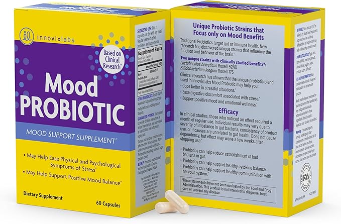 InnovixLabs Mood Probiotic for Women & Men, Clinically Studied Digestive & Mood Support Supplement, Lactobacillus helveticus Rosell-52ND & Bifidobacterium longum Rosell-175, 60 Capsules-FlexoryFit