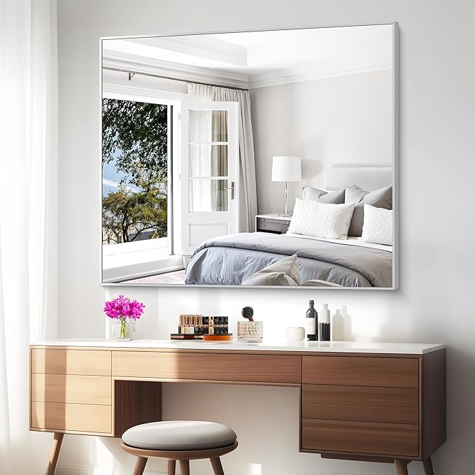 Silver Bathroom Mirror,40x48 inch Wall Mirror for Bathroom Wall Mounted,Large Rectangle Mirror for Bathroom Over Sink,Modern Metal Frame for Living Room,Bedroom Entryway,Horizontal/Vertical-FlexoryFit