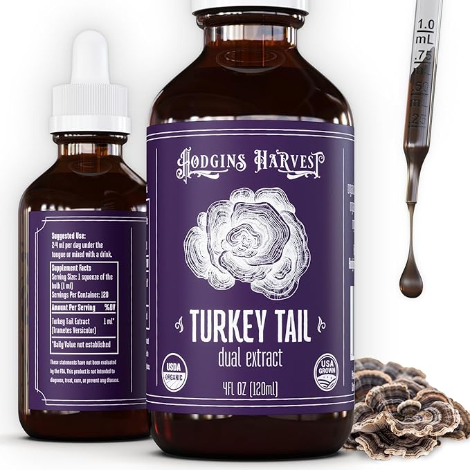 Hodgins Harvest Organic Turkey Tail Tincture | Made with Mushrooms Grown On Our Farm in The USA | Dual Extract | Extra-Concentrated (4 fl oz)-FlexoryFit