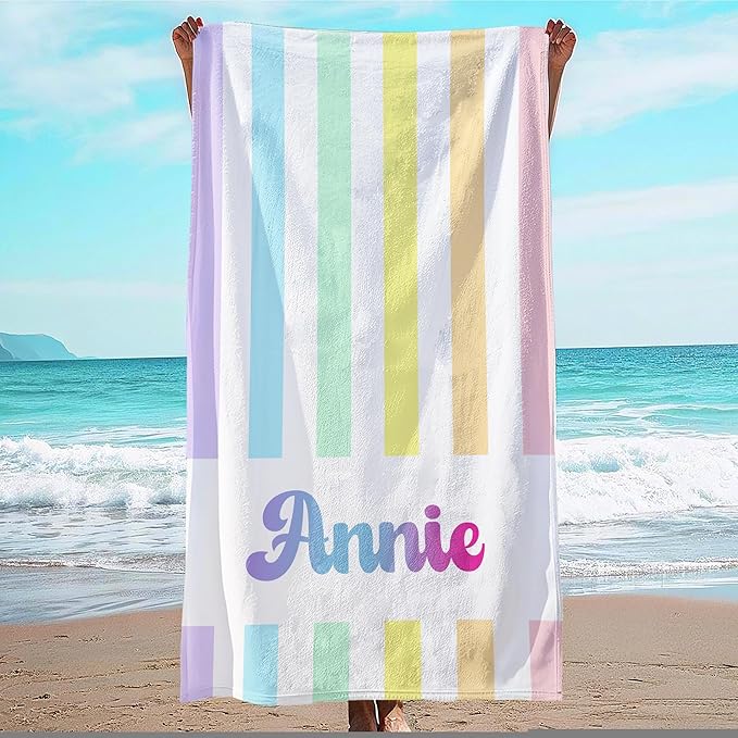 JML Personalized Beach Towel with Name, Custom Rainbow Cabana Stripe Beach Towel, Customized Microfiber Pool Towel, Quick Dry & Absorbent Swim Towel for Adult,Anniversary, Birthday, Summer Holiday-FlexoryFit