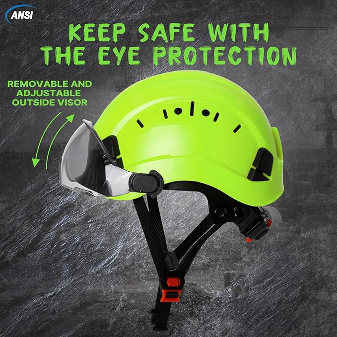 Aolamegs Construction Hard Hats for Adults - Hard Hats Construction OSHA Approved with Smoke Visor for Men Women ANSI Z89.1 Vented Safety Helmet, Hard Hat with Chin Strap,6 Point Suspension (Green