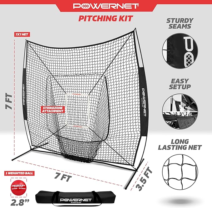 PowerNet Baseball Softball Practice Net 7x7 with Baseball Accessories for Practice Pitching, Batting & Fielding, Ball Caddy, Weighted Baseballs, Tee