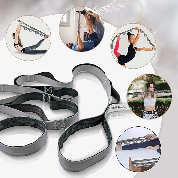 Stretching Strap Yoga Strap, 10 Loops Non-Elastic Stretch Bands Helps Women and Men Improve Flexibility for Home Workout, Physical Therapy, Pilates, Exercise, Dance, Comes with Door Anchor-FlexoryFit