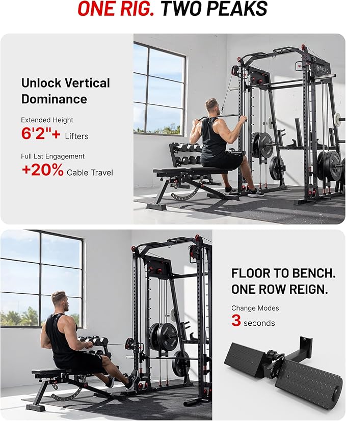 Mikolo Smith Machine, 2200lbs Squat Rack with LAT-Pull Down System & Cable Crossover Machine, Training Equipment with Leg Hold-Down Attachment-FlexoryFit