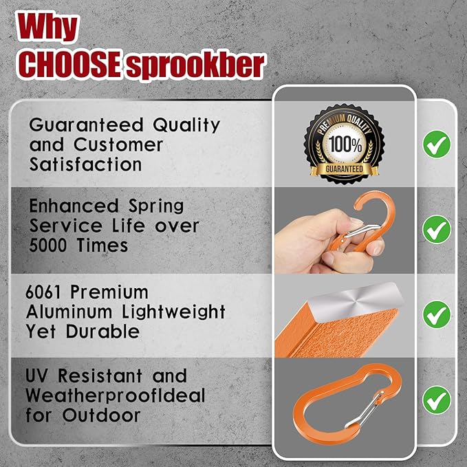 sprookber 3.2 Inch Aluminum Carabiner Clips D Ring, Caribeaner Spring Snap Hook with Keychain for Camping, Hiking, Gym & Outdoor Gear, Set of 10