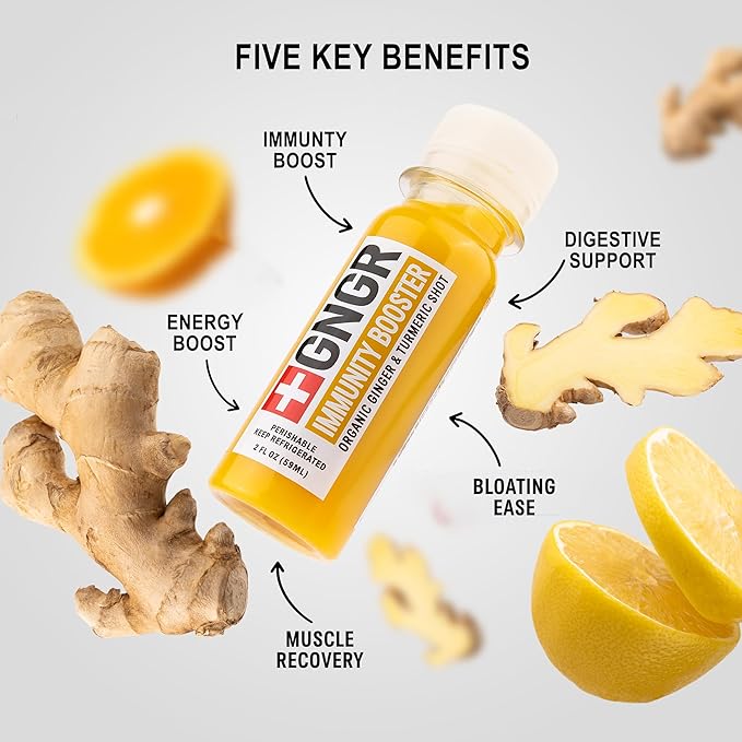 '+GNGR Immunity Booster Organic Ginger and Turmeric Shot - Cold Pressed Ginger Shots with Turmeric, Cayenne Pepper, Orange, Lemon for All Natural Immune & Digestive Support (2 Oz, Pack of 12)-FlexoryFit