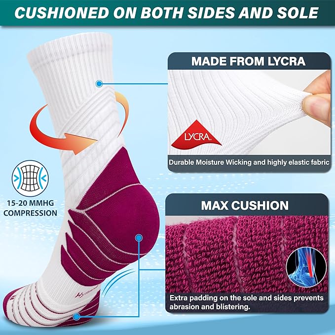 Hylaea Compression Running Socks for men, Coolmax Anti-Blister Cushion Crew Socks for Athletic, Moisture Wicking & Seamless-FlexoryFit