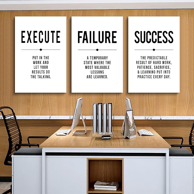 Framed Canvas Wall Art Success Quote, Office Wall Art, Black Large Poster, Positive Motivational Set of 3 Prints, Execute Failure Definition, Inspirational Print (D-3pcs,20x30inchx3pcs)-FlexoryFit