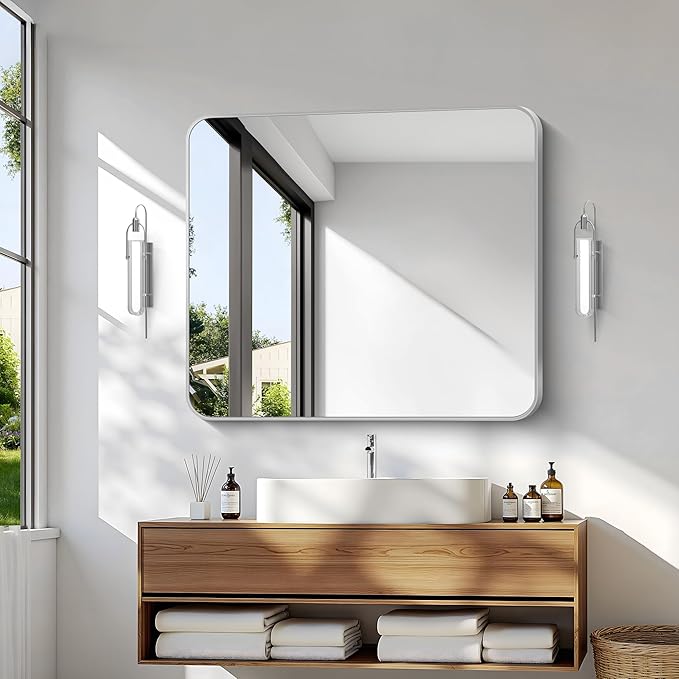 Silver Bathroom Mirror,30x36 inch Wall Mirror for Bathroom Wall Mounted,Rectangle Mirror for Bathroom Over Sink,Modern Frame Round Corner for Living Room,Bedroom Entryway,Horizontal/Vertical