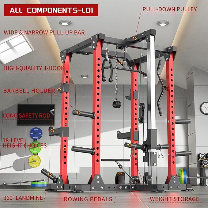 Power Cage,1600lbs Multi-Function Power Rack with Adjustable Cable Crossover System and More Training Attachment, Weight Cage for Home Gym-FlexoryFit