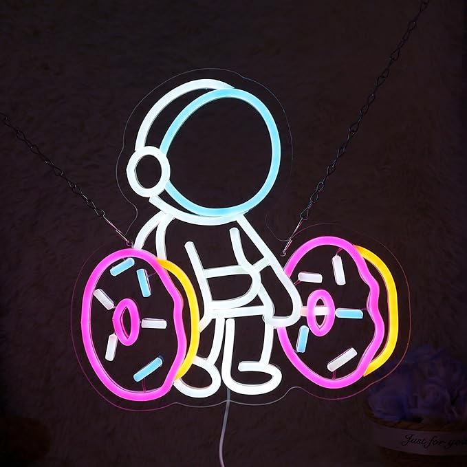 Astronaut Lifting Donut Neon Sign Astronaut Donut Neon Light Astronaut Light Sign Dimmable Bakery LED Neon Light for Club Decor Man Cave Game Room Bar Pub 12.5"×12.7"-FlexoryFit