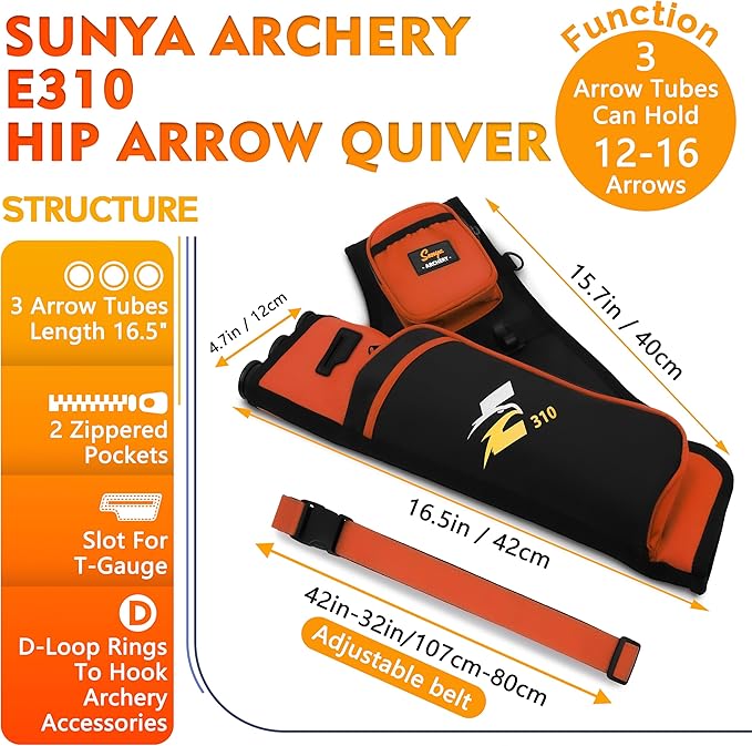 SUNYA Archery Hip Quiver for Arrows. Includes 3 Tubes Arrow Holder, Accessories Pockets and Waist Belt. Fit for Compound and Recurve Bow Practice.