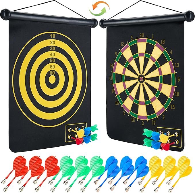 Magnetic Dart Board with 24pcs Darts,Indoor Outdoor Dart Game for Kids and Adults,2in1 Rollup Safe Dart Flights Toys Set for 3-12 Year Old Boys Girls Christmas Birthday Gifts