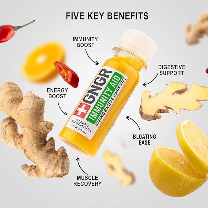 '+GNGR Immunity Aid Organic Ginger and Lemon Shot - Cold Pressed Ginger Shots with Echinacea, Lemon Juice, Honey, Zinc & Vitamin D3, Immune & Digestive Support (2 Oz, Pack of 12)-FlexoryFit