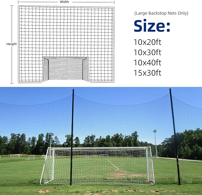 Soccer Backstop Net, High Impact Barrier Net, Nylon Practice Sports Netting 10x20ft/10x30ft/10x40ft (Installation Rope Included)
