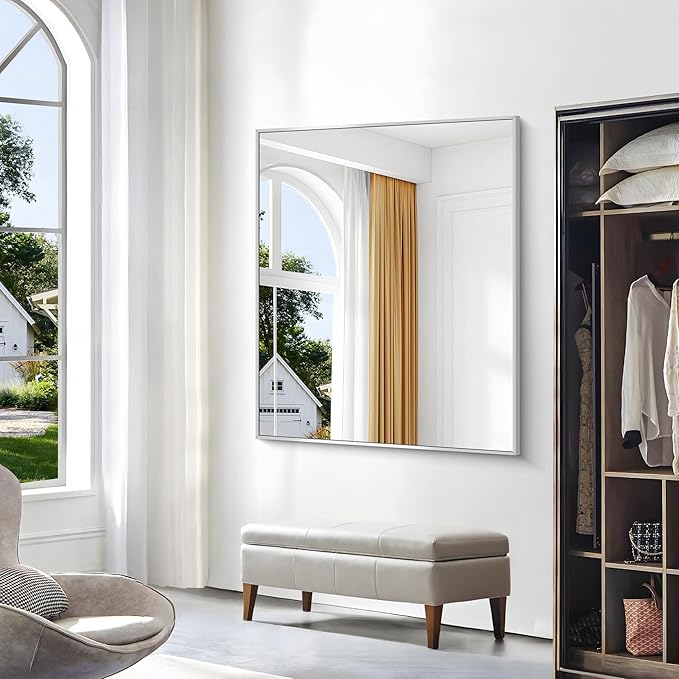 Silver Bathroom Mirror,40x48 inch Wall Mirror for Bathroom Wall Mounted,Large Rectangle Mirror for Bathroom Over Sink,Modern Metal Frame for Living Room,Bedroom Entryway,Horizontal/Vertical-FlexoryFit