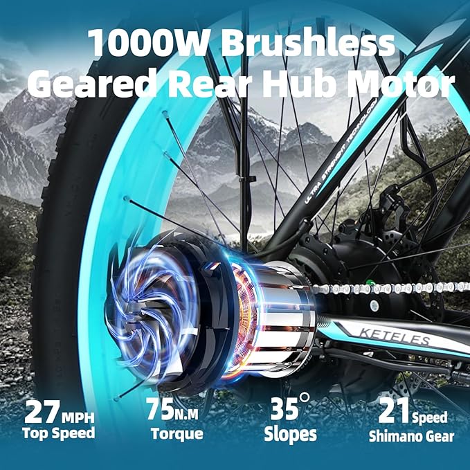 Electric Bike for Adults,26" x 4" Fat Tire Ebike,28MPH 1000W Motor Peak Power 2000W Electric Bicycles,48V 15AH Removable Battery,21 Speed Mountain Snow Beach E Bike