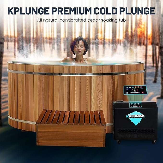 Premium 62-in. Cedar Wood Cold Plunge and Hot Tub with 1HP Chiller and Heater | Stainless Steel Tub with Wooden Step, Foldable Cover, Headrest, and WiFi App Control Chiller for Indoor/Outdoor Use