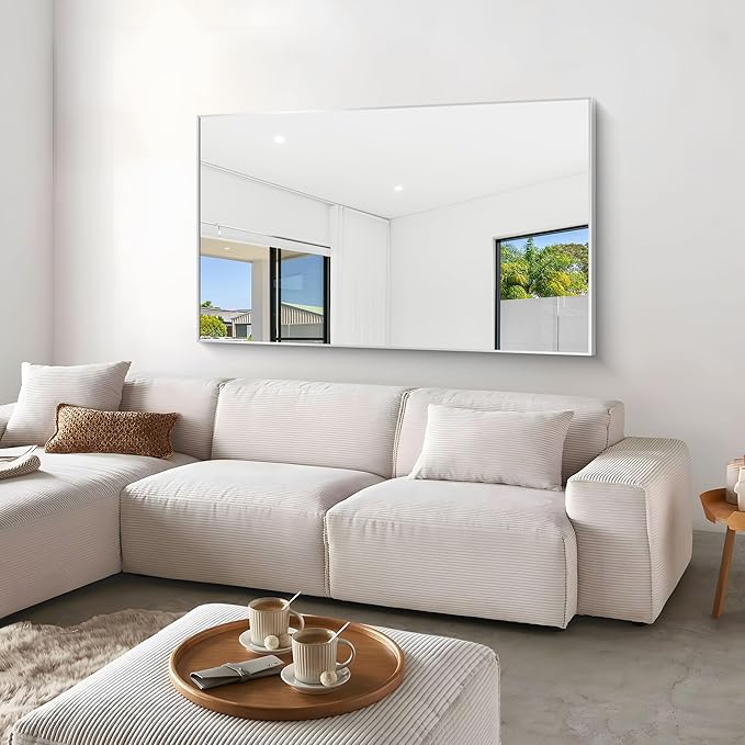 Silver Bathroom Mirror,60x36 inch Wall Mirror for Bathroom Wall Mounted,Large Rectangle Mirror for Bathroom Over Sink,Modern Metal Frame for Living Room,Bedroom Entryway,Horizontal/Vertical