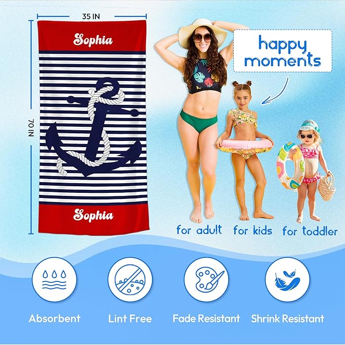 JML Personalized Beach Towel with Name, Custom Anchor Beach Towel, Customized Microfiber Pool Towel, Quick Dry & Absorbent Swim Towel for Adult,Anniversary, Birthday, Summer Holiday,Vacation-FlexoryFit