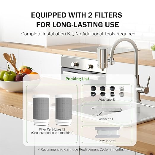 Frizzlife FS99 Water Filter for Sink Faucet, 2 Filters (1 pre-installed) Certified Reduce 99% Lead, Heavy Metal For Skin Care, 360° Rotating&304 Stainless Steel Tap Water Purifier for Kitchen/Bathroom