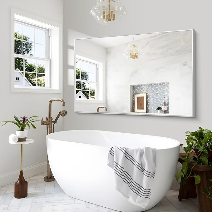 Silver Bathroom Mirror,60x40 inch Wall Mirror for Bathroom Wall Mounted,Large Rectangle Mirror for Bathroom Over Sink,Modern Metal Frame for Living Room,Bedroom Entryway,Horizontal/Vertical