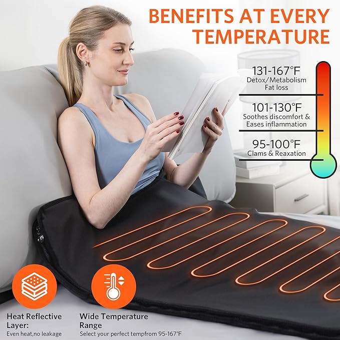Portable Infrared Sauna Blanket, Detox & Relaxation at Home, Adjustable Timer 1-60 Min, Temperature Range 95-167℉, 6 ft x 2.6 ft, Durable PU Leather Cover