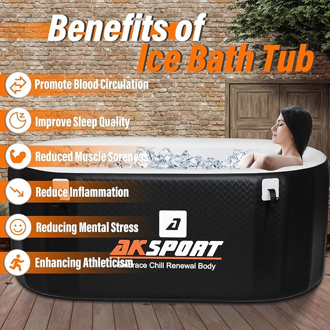 AKSPORT Ice Bath Tub for Athletes, 155 Inflatable Cold Plunge Tub Compatible with Water Chillers, Inflatable Icebath for Recovery & Cold Water Therapy,Portable Bathtub for Indoor & Outdoor-Black