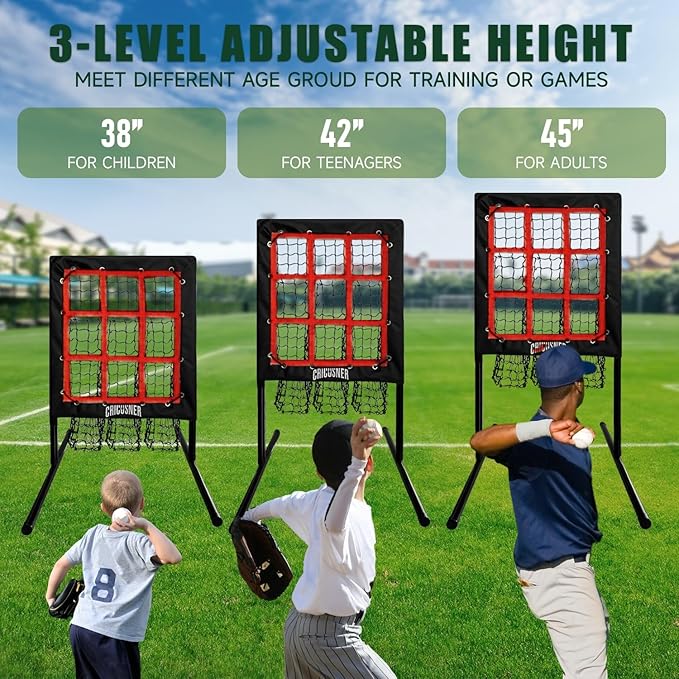 9 Hole Pitching Net, Heavy-Duty Baseball Net with Strike Zone for Pitching and Hitting, Height Adjustable Training Equipment with 9 Pocket Pitching Target for Baseball & Softball Practice-FlexoryFit