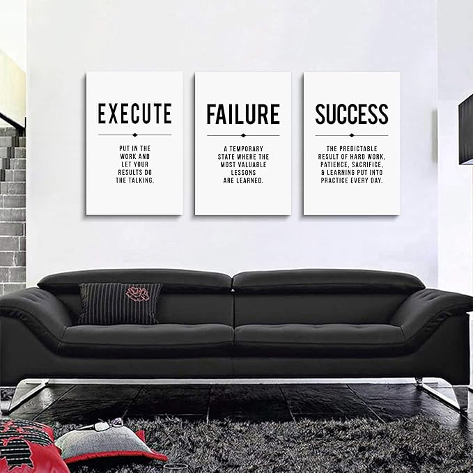 Framed Canvas Wall Art Success Quote, Office Wall Art, Black Large Poster, Positive Motivational Set of 3 Prints, Execute Failure Success Poster, Inspirational Print (D-3pcs,16x24inchx3pcs)-FlexoryFit