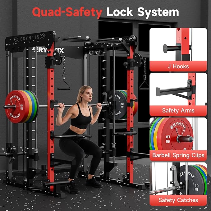 Smith Machine Power Rack | All-in-One Power Cage with Adjustable J-Hooks, Squat Rack for Home Gym, Cable Machine & Pull-Up Bar | Home and Garage Gym Equipment for Strength Training-FlexoryFit