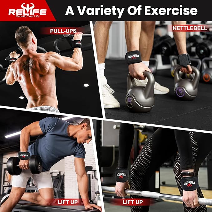 RELIFE REBUILD YOUR LIFE Lifting Hooks for Men and Women(Pair), Pull Up Straps, Gym Reapers Lifting Wrist Grips, Heavy Powerlifting, Lifting Hooks for Weight Lifting-FlexoryFit