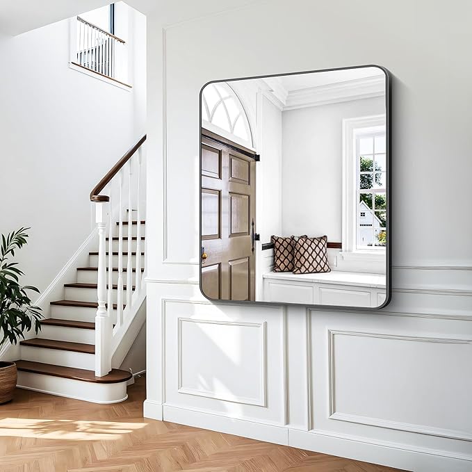 Black Bathroom Mirror,40x48 inch Wall Mirror for Bathroom Wall Mounted,Rectangle Mirror for Bathroom Over Sink,Modern Frame Round Corner for Living Room,Bedroom Entryway,Horizontal/Vertical-FlexoryFit
