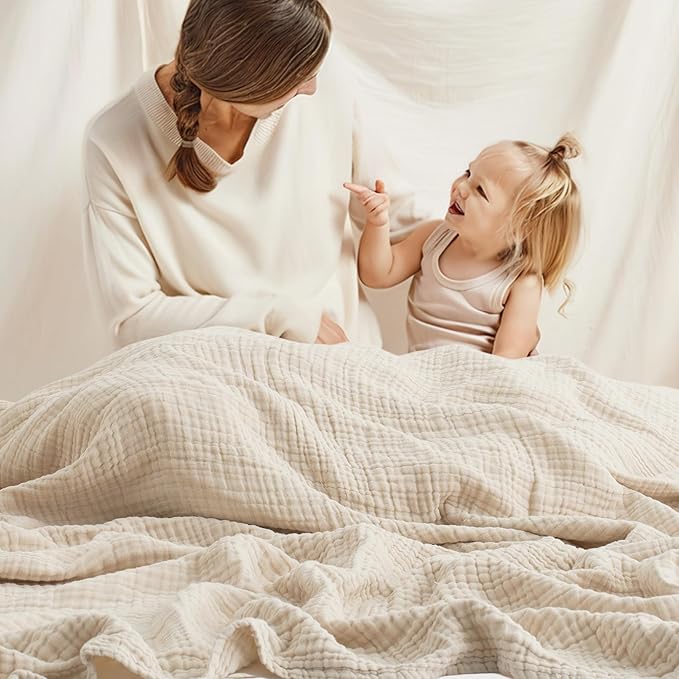 Carriediosa 100% Cotton Muslin Throw Blanket 70" X 80" Twin Size,4-Layers Summer Gauze Throws for Bed Couch,Soft Lightweight Breathable Linen Blankets Bedspread for Adults All Season,Khaki