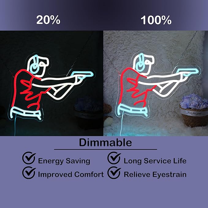 Man Shooting Neon Sign Gun Led Light Up Sign Game Player Gifts Dimmable Shooting Decor for Gun Club Decor Man Cave Game Room 15"×11.9"-FlexoryFit