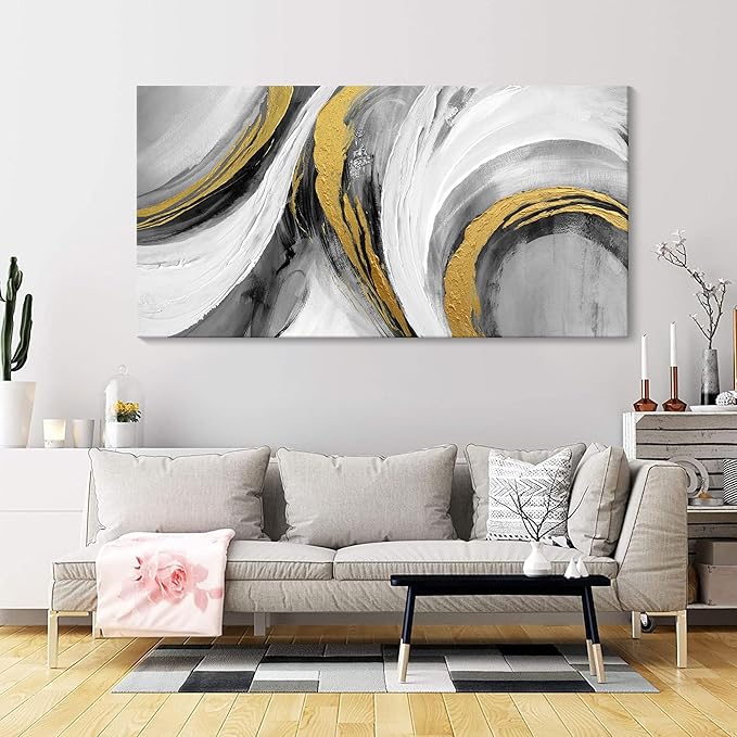 Abstract Bedroom Wall Art - Black and White Grey Abstract Gold Foil Hand Painted Texture Modern Canvas paintings for Living Room Kitchen Hallway Office Wall Decor 20x40 IN-FlexoryFit
