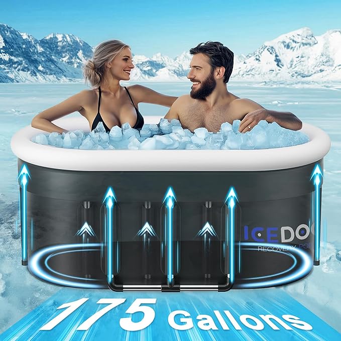 Upgraded 175 Gal XXL Large Oval Ice Bath with Air Ring, Multi-Layered Portable Cold Plunge Tub for Athletes, Foldable & Inflatable Cold Tub Recovery at Home, Outdoors,Gym Use Bathtubs.