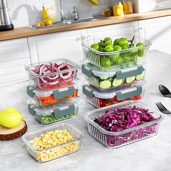 10 Packs Glass Meal Prep Containers with Lids, Glass Food Storage Containers Set, Airtight Lunch Containers, Microwave, Oven, Freezer and Dishwasher Safe, Gray-FlexoryFit