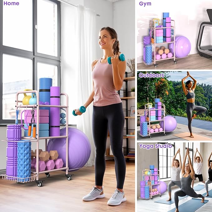 Home Gym Storage Rack Exercise Equipment Storage Organizer for Yoga Mat Dumbbells Kettlebells Foam Roller Yoga Strap & Resistance Bands, Ideal Yoga Mat Holder & Workout Equipment Organizer-FlexoryFit