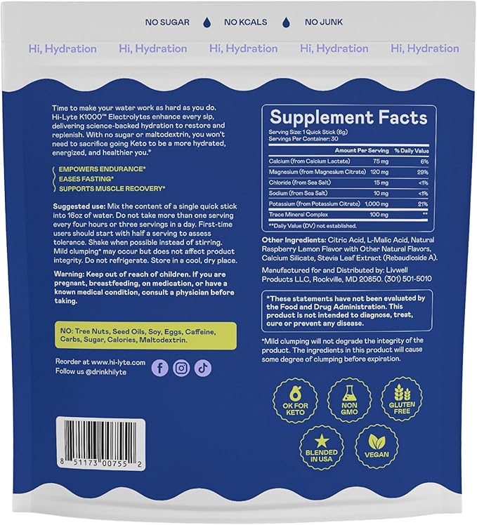 Hi-Lyte Keto & Performance - K1000 Electrolyte Quick Sticks - Raspberry Lemon - 1000mg Potassium, Magnesium, Calcium - Single-Serve Packets for Keto Hydration Support - No Sugar, No Carbs-FlexoryFit