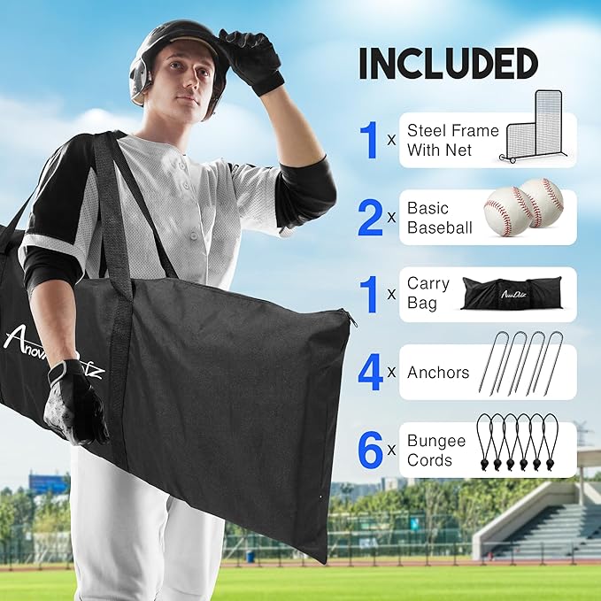 Yes4All Portable L-Screen Baseball 7x7ft with 2 Baseballs, Rubber Wheels - L Screen Baseball for Batting Cage, Protective Pitching Screen Net Double Layers, Carry Bag Included-FlexoryFit