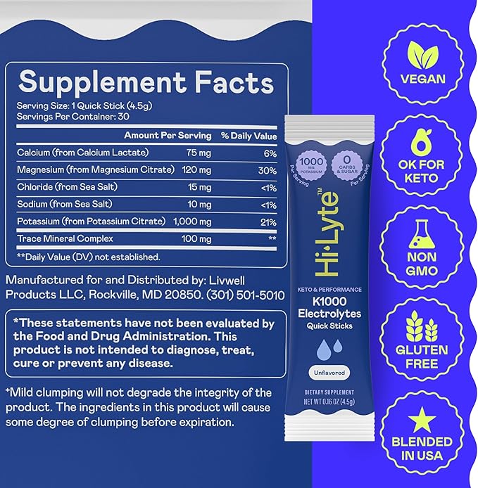 Hi-Lyte Keto K1000 Electrolyte Packets | Unflavored | Hydration Supplement Drink Mix | Boost Energy & Beat Leg Cramps | No Sugar, Stevia, Maltodextrin | 30 Servings-FlexoryFit
