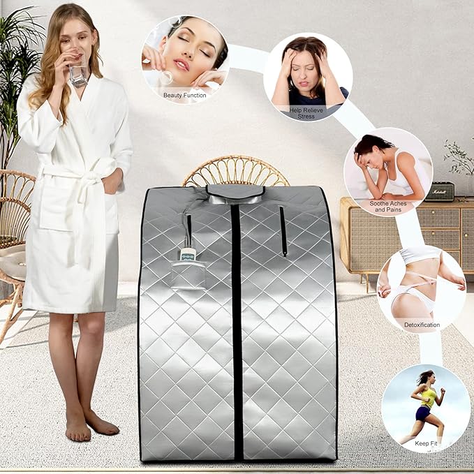 Smartmak Far Infrared Sauna, Full Body One Person SPA Set with Portable Time & Tempreture Remote Control, Heating Foot Pad and Foldable Reinforced Chair(L 27.6โโ x W 31.5โโ x H 37.8โโ) - Black Border