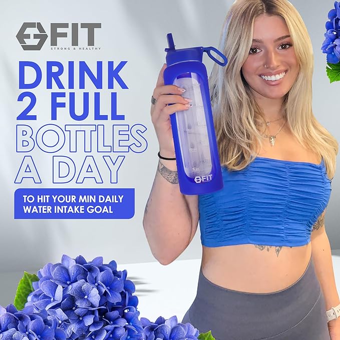 FIT Strong & Healthy 32 oz Glass Water Bottle with Straw Lid, Time Marker, Sleeve & Extra Lid - Motivational, Wide Mouth 1 Liter Glass Drinking Bottle