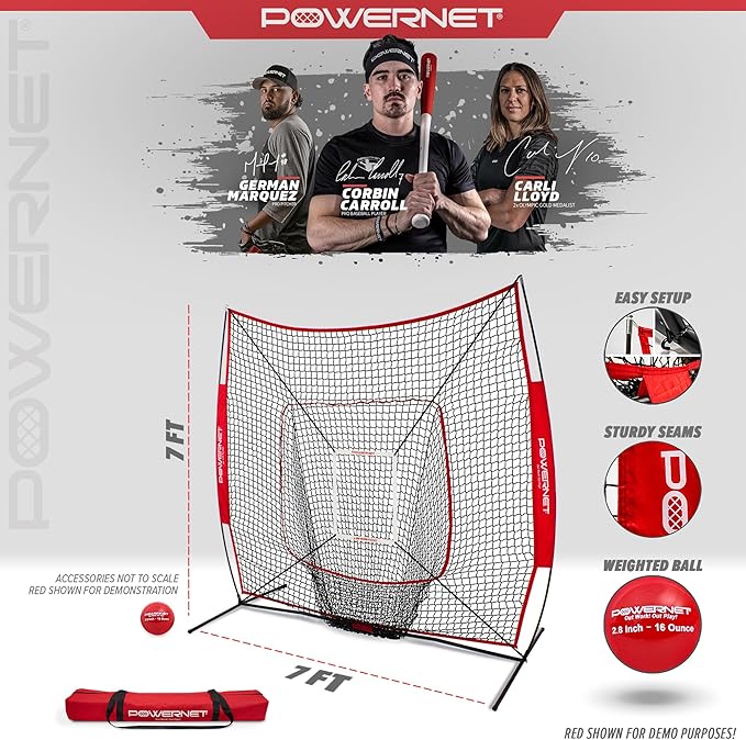 PowerNet Baseball Softball Practice Net 7x7 with Baseball Accessories for Practice Pitching, Batting & Fielding, Ball Caddy, Weighted Baseballs, Tee