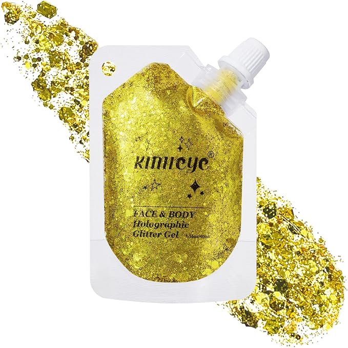 Holographic Face Glitter Gel Body Shimmer Makeup for for Hair, Face, Clavicle, Arm, Nail, Eyeshadow, Long Lasting Waterproof Mermaid Sequins Party Glitter for Rave Festival, 1.35oz (Pure Gold #11)-FlexoryFit