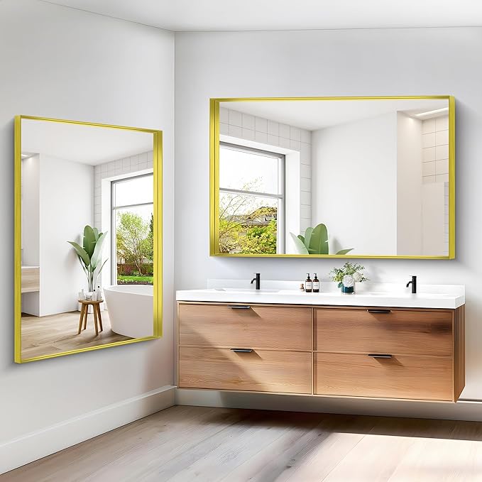 Gold Bathroom Mirror, 60x40 Inch Rectangular Framed Mirror, Large Wall Mounted Bathroom Vanity Mirror Over Sink for Bedroom,Restroom, Living Room, Hangs Vertically or Horizontally-FlexoryFit