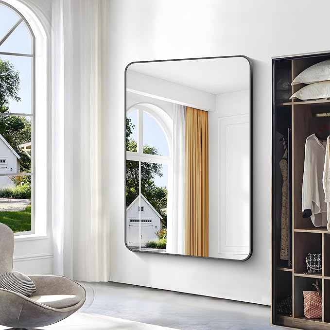 Black Bathroom Mirror,60x40 inch Wall Mirror for Bathroom Wall Mounted,Rectangle Mirror for Bathroom Over Sink,Modern Frame Round Corner for Living Room,Bedroom Entryway,Horizontal/Vertical-FlexoryFit