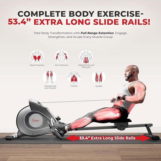 Sunny Health & Fitness Flip & Foldable Rowing Machine for Home w/Extended Slide Rail, Full-Body Workout, Low-Impact, Optional Extra Long Rail, Quiet Rail Cover, Water Motion and Free SunnyFit App-FlexoryFit