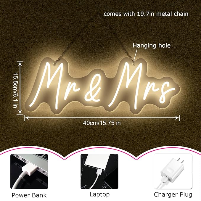 Mr&Mrs LED Neon Sign Wedding & Reception Decor Illuminating Wall Art New Couples Gift Cool LED Sign with 5V Power Supply-FlexoryFit